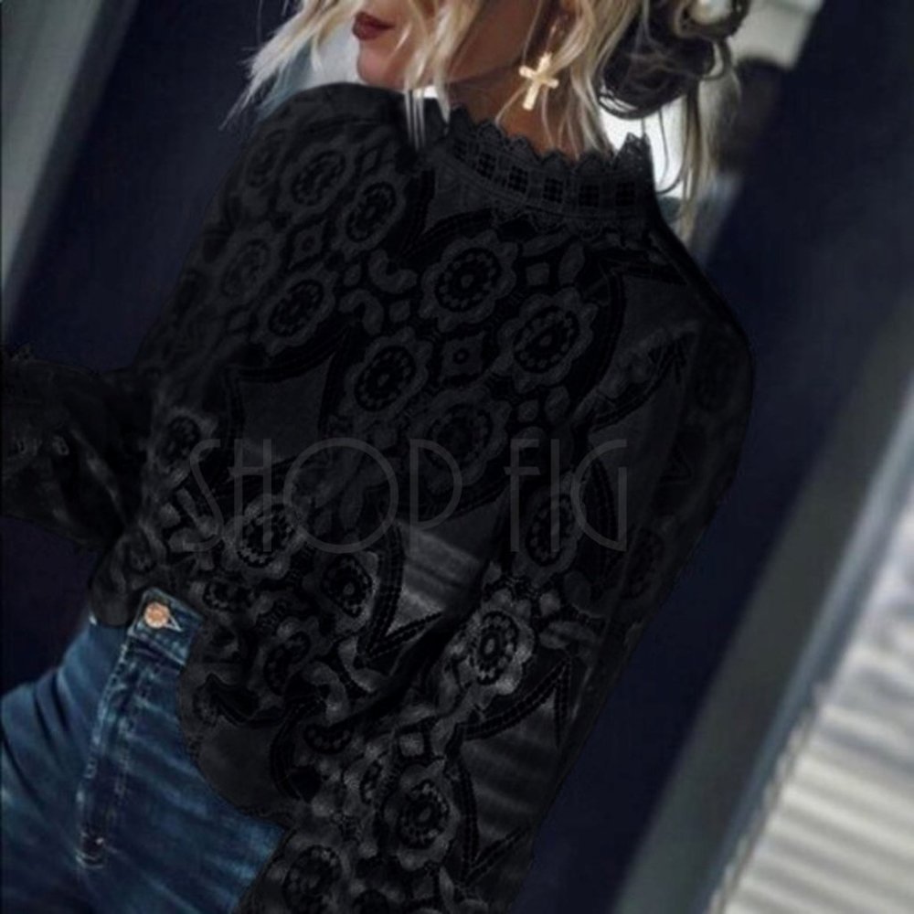 New Bohemian Black Lace Long Sleeve Blouse - Picture 1 of 8
